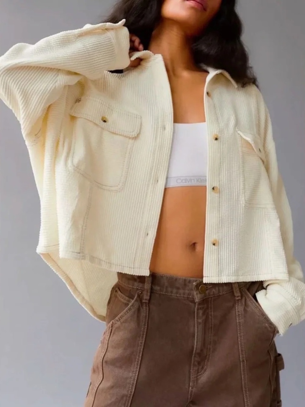 BDG Slouchy Cream Corduroy Button Up Top BDG SZ S